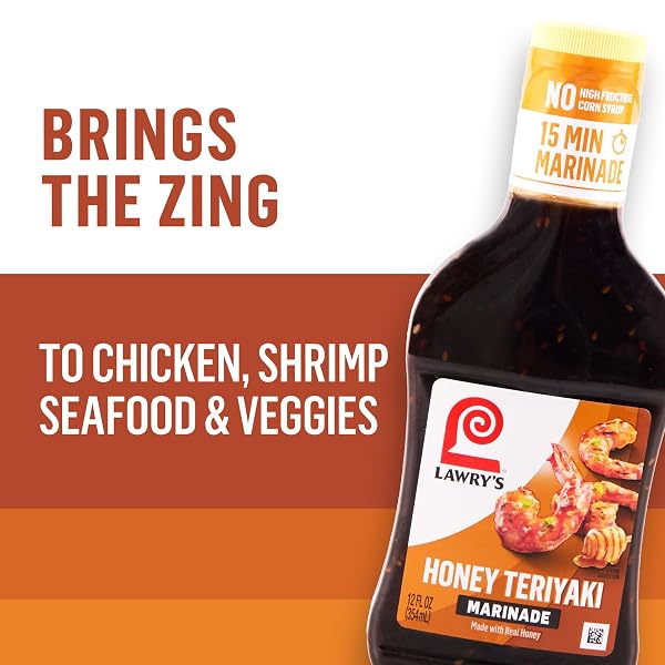 LAWRY’S MARINADE, HONEY TERIYAKI, 15 MINUTE MARINADE, NO HIGH FRUCTOSE CORN SYRUP, MADE WITH HONEY, SOY SAUCE, AND GARLIC, GREAT WITH CHICKEN, SHRIMP, SALMON, AND VEGETABLES, 12 FL OZ