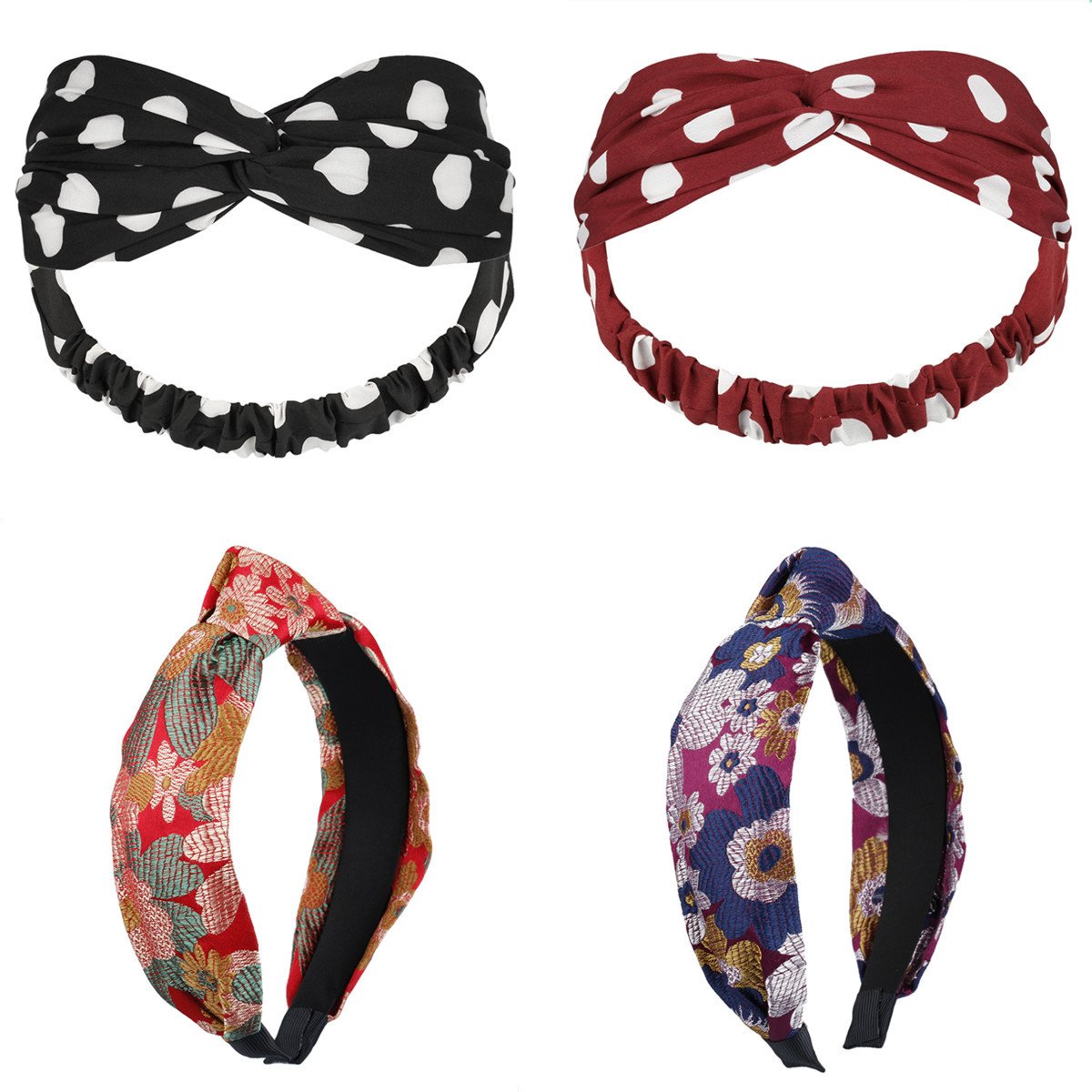 KYEYGWO Vintage Headbands for Woman, Twisted Knotted Head Wrap Floral Printed Hairband, Pack of 4