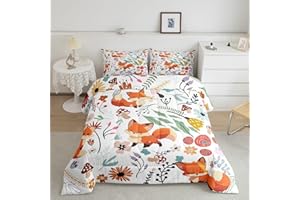 Erosebridal Kawaii Fox Comforter Set Mushroom Floral Twin Bedding Sets for Boys,Cartoon Animal Quilt Watercolor Flowers Leave