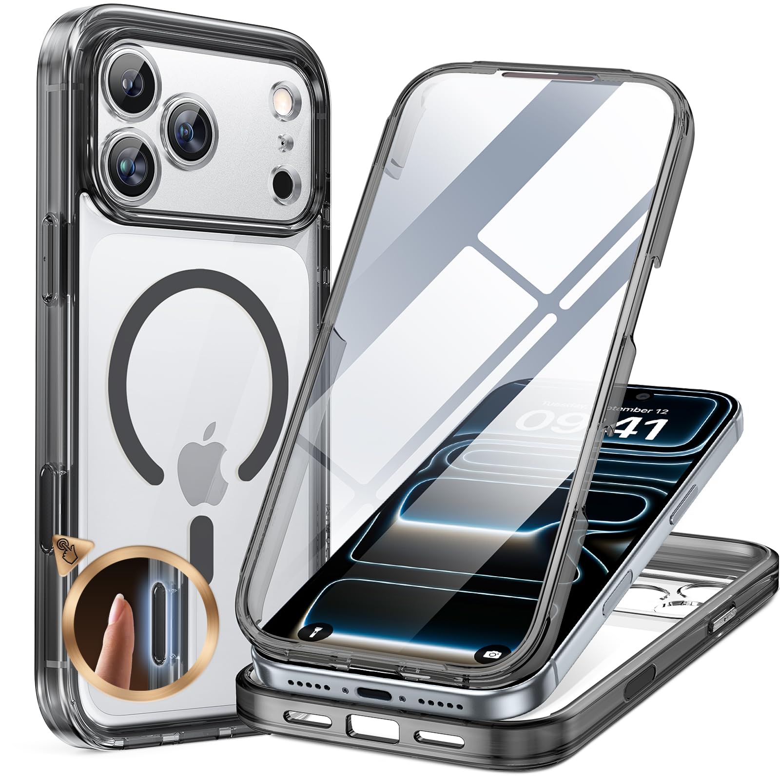 miracase Magnetic for iPhone 17 Pro Case 6.3" [Compatible with MagSafe] Full-Body Phone Case with Built-in Glass Screen Protector & Camera Control,Drop Proof iPhone 17 Pro Cover, Clear Black