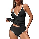 ZAFUL Womens Tankini Swimsuits V Neck Push Up Swim Top Color Block Tummy Control High Waisted Bathing Suits Swim Bottom