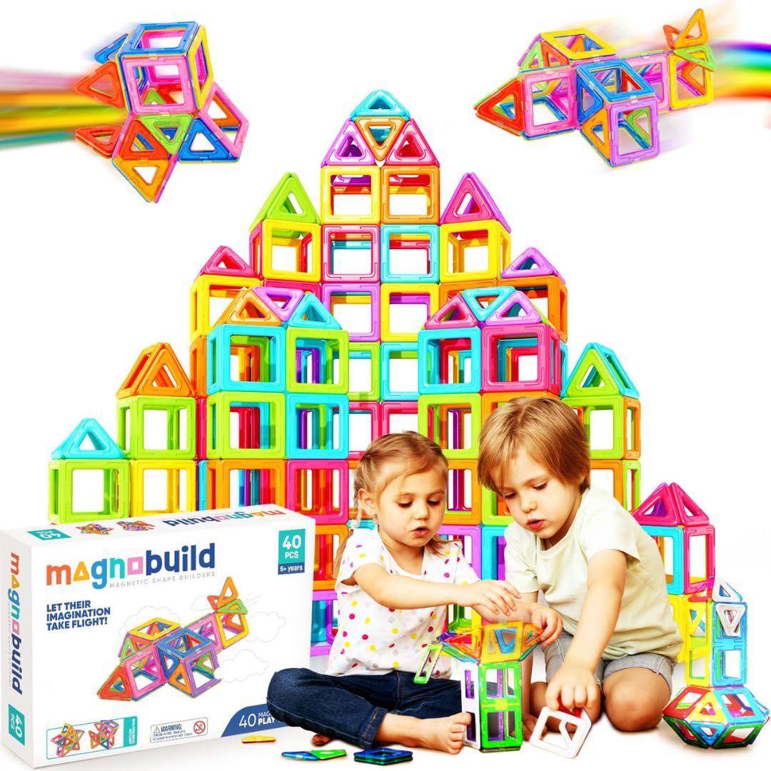 Magnobuild Magnetic Building Tiles Toys Set for Kids Game 40pc Construction STEM Creativity Educational Magnets Toy Blocks for Boys Girls Age 3-7 Years Old
