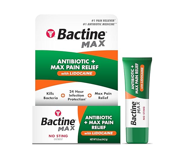 BACTINE MAX ANTIBIOTIC + PAIN RELIEVING OINTMENT – ANTIBIOTIC OINTMENT WITH LIDOCAINE – PAIN + ITCH RELIEF FOR MINOR CUTS & SCRAPES & BURNS – LIDOCAINE NUMBING CREAM – 0.5OZ