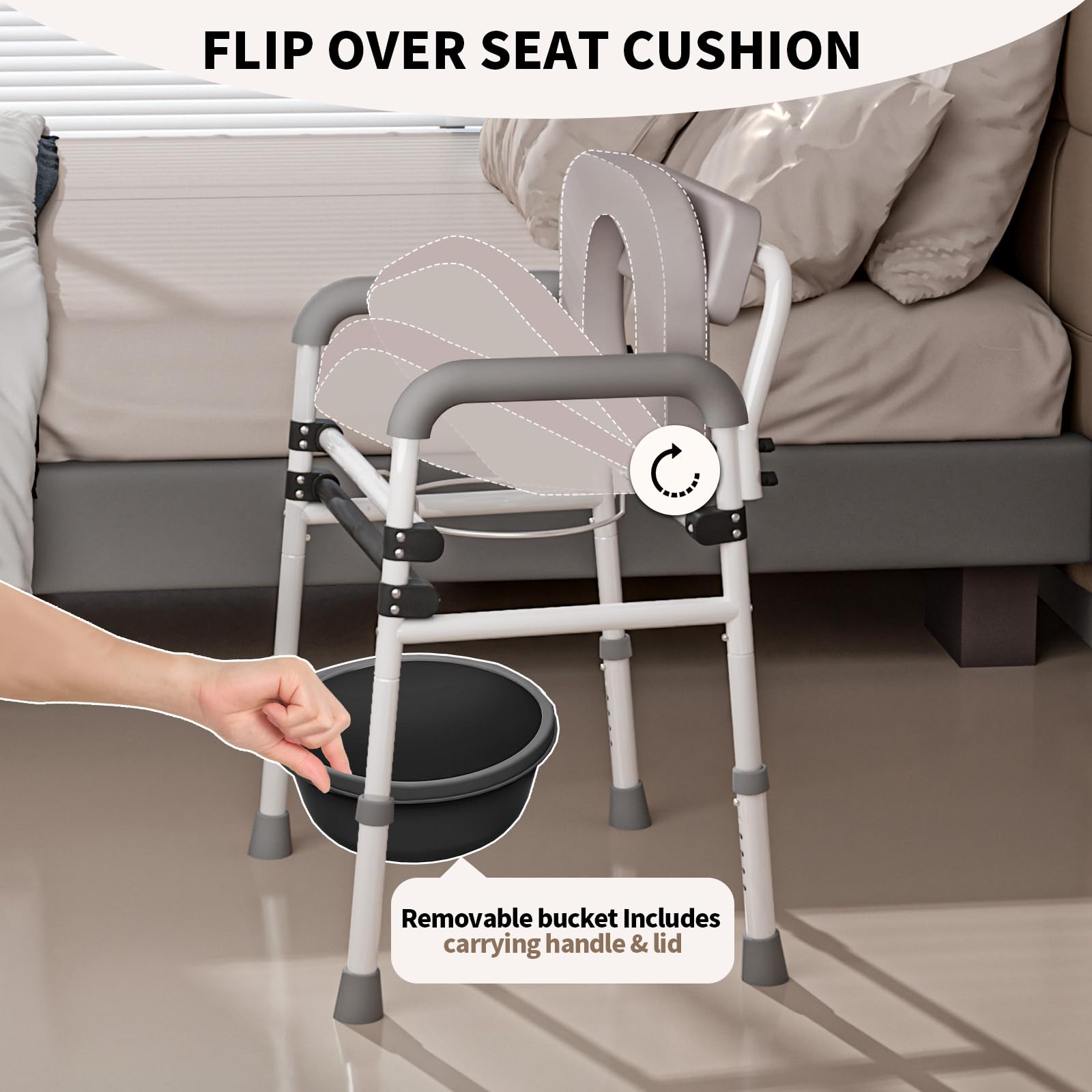 Adjustable Medical Bedside Commode Chair with Padded Backrest, Drop Arm Support, Height Adjustable, Gray