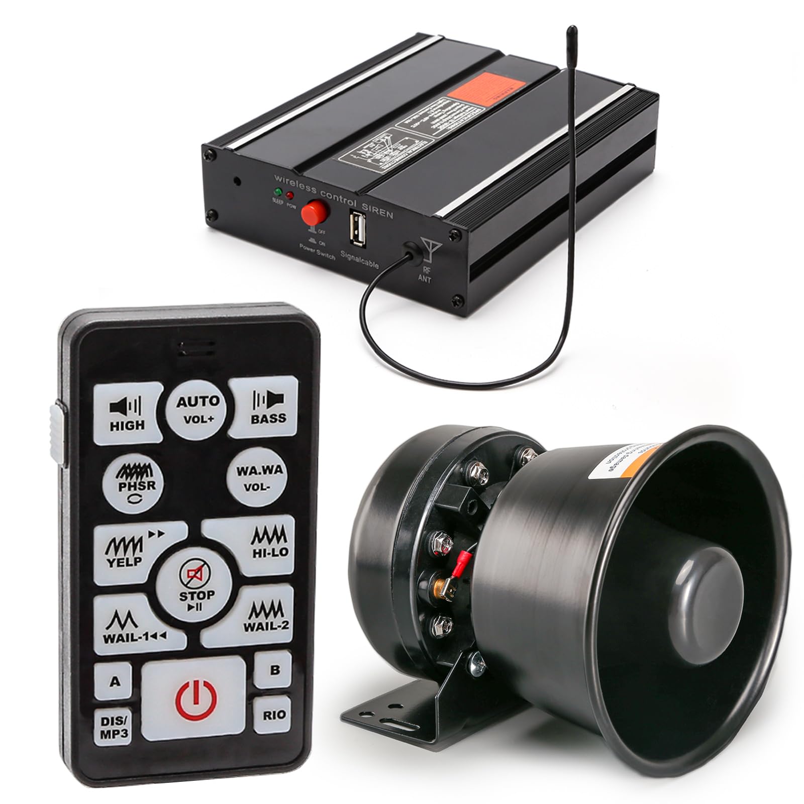 BooYu 12V 200W 20 Tones Police Warning Emergency Siren PA System for Firefighter Ambulance Vehicles Truck Car SUV ATV UTV[Black Steel Speaker][Wireless Remote Handheld Microphone][2 x 10A Switches]