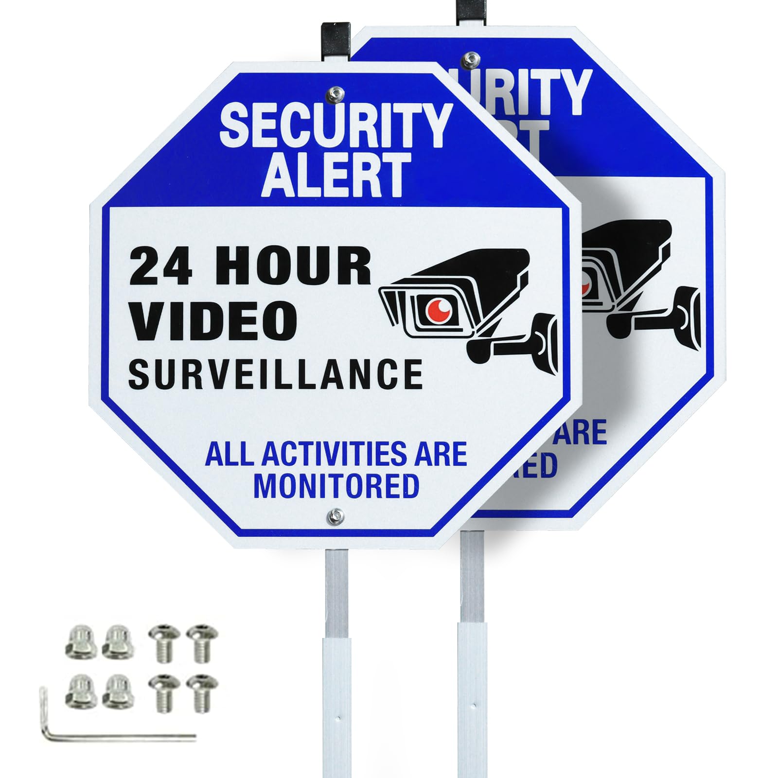 Photo 1 of 24 Hour Video Surveillance Sign with Stake for Yard,Security Camera Sign,2 Pack - Aluminum 9.8"x9.8" with 27.5" Metal Stake - Weatherproof, Reflective - Home, Business, Outdoor Security Warning