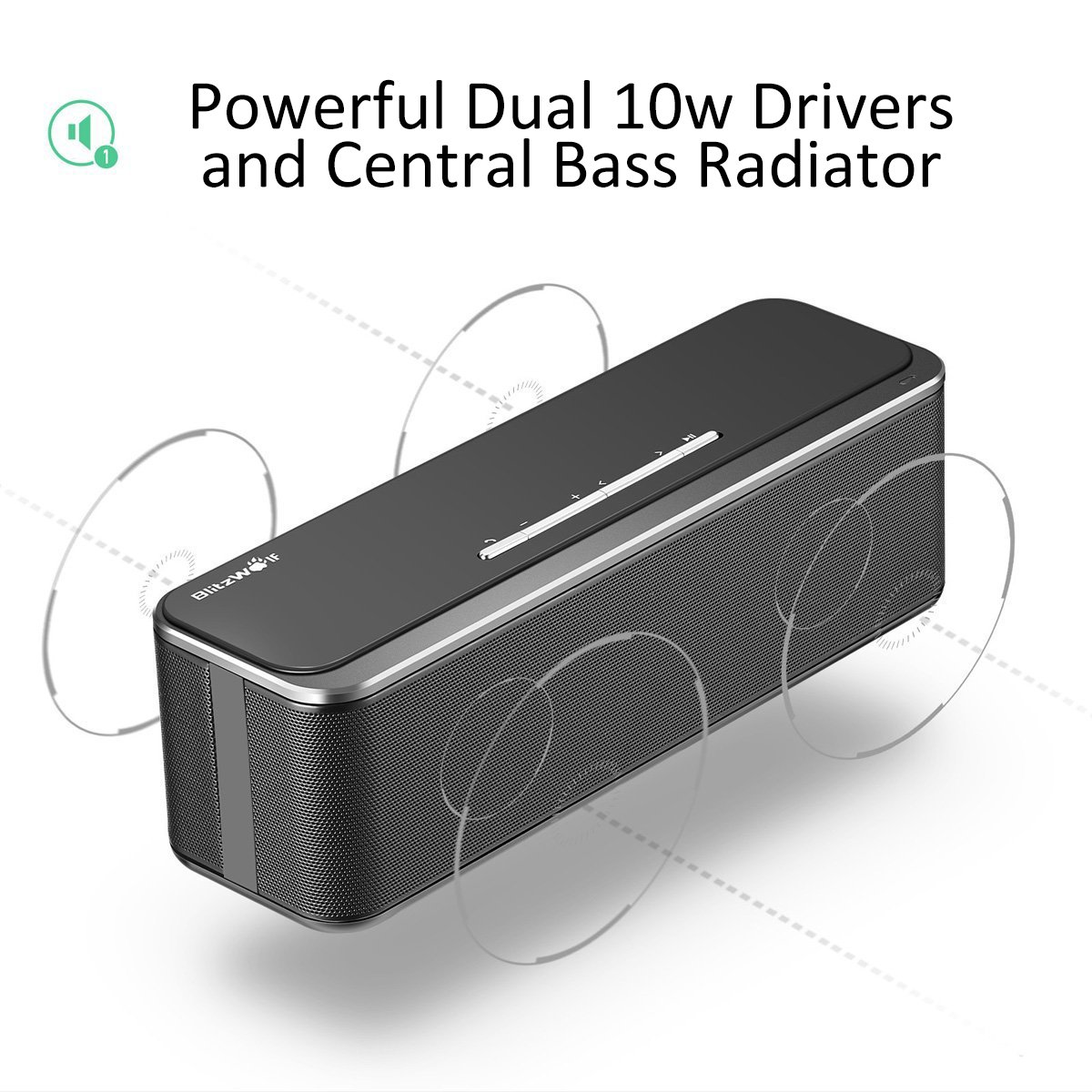 Altavoz Bluetooth Inalámbrico, BlitzWolf Max Bass 20W Subwoofers Pasivos Estéreo Premium Altavoz Portátil Inalámbrico para Exteriores con Micrófono, Entrada AUX, Hecho de Metal