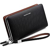 VANNANBA Men Clutch Wallet Large Leather Clutch Bag Business Double Zip Handbag Blue Black
