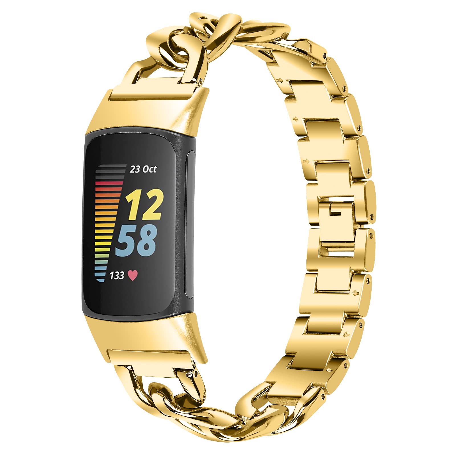 Gimuk Compatible with Fitbit Charge 5 Strap Metal Stainless Steel Adjustable Sport Replacement Watch Strap Band Wristbands Bracelet for Charge 5 Women Men (Gold)