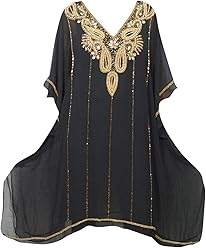 Mogul Interior Women's Caftan Short Tunic Black Neck Beaded Georgette Resort Kaftan One Size