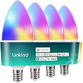 Linkind Matter Smart Bulbs, E12 Led Bulb Works with Alexa/Apple Home/Google Home, Smart Light Bulbs, WiFi Candelabra B11 Bulbs, RGBTW Color Changing Light Bulb, 2.4Ghz WiFi Bulb, 470 LM 4 Pack