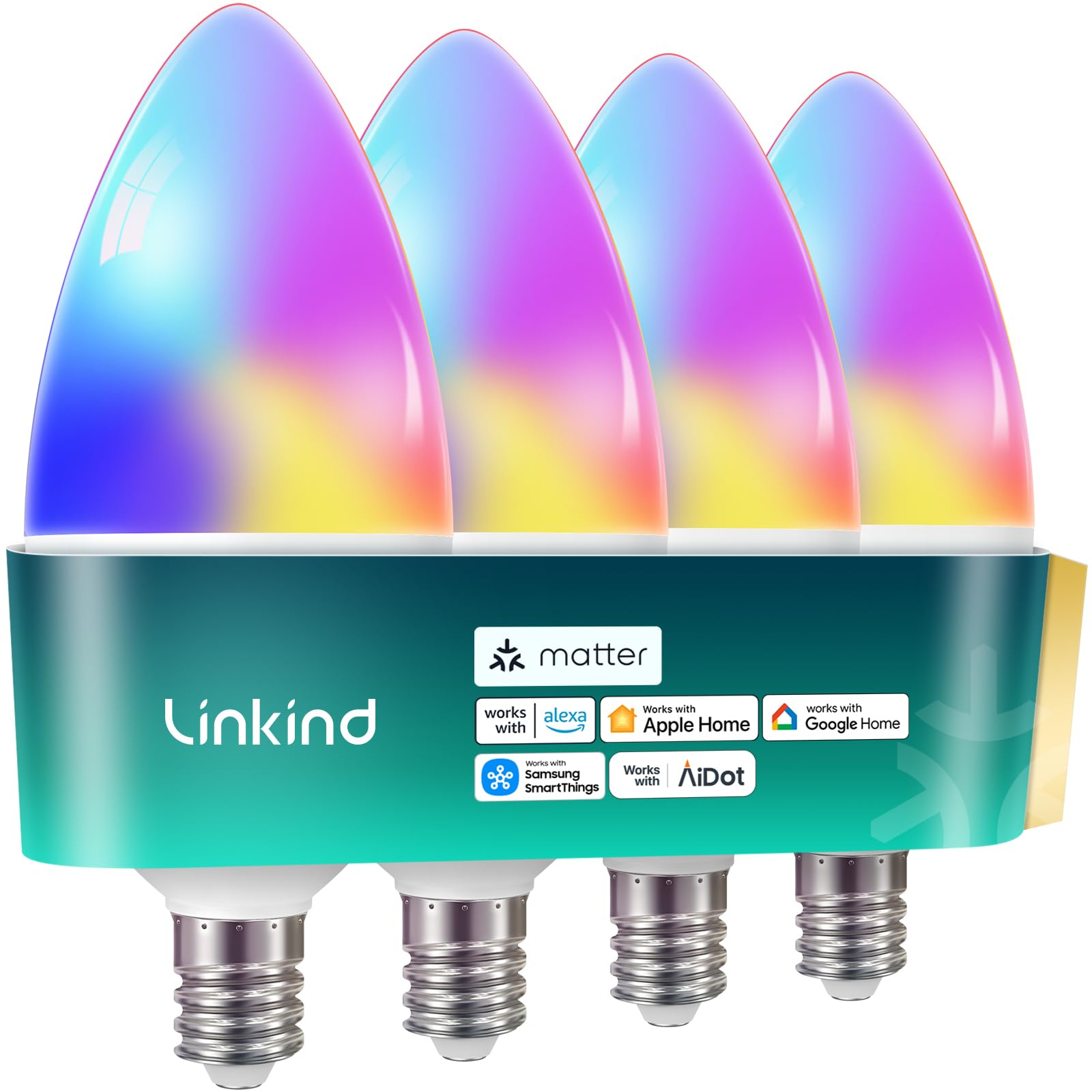 Photo 1 of Linkind Matter Smart Bulbs, E12 Led Bulb Works with Alexa/Apple Home/Google Home, Smart Light Bulbs, WiFi Candelabra B11 Bulbs, RGBTW Color Changing Light Bulb, 2.4Ghz WiFi Bulb, 470 LM 4 Pack