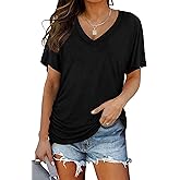 MYCOLORBLUE Women's V Neck T Shirts Short Sleeve Summer Casual Loose Dolman Tops with Side Shirring