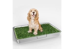 PTFFF Dog Grass Pad with Tray, Grass Pad for Dogs Potty 23.4" X 15.6", Stainless Steel Tray & Grate, 2 Pcs Replacement Artificial Grass Mats & 2 Pee Pads, Portable Dog Toilet for Indoor and Outdoor Use