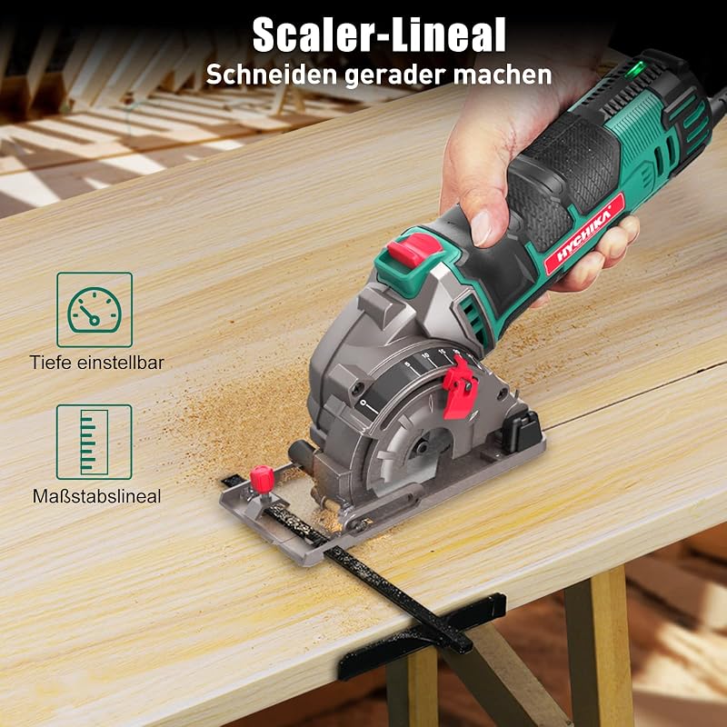 HYCHIKA Mini Kreissäge, Handkreissäge mit 3 Sägeblättern, Skalenlineal, 500W Motor aus reinem Kupfer, 4500RPM, Ideal für Holz-, Weichmetall-, Fliesen- und Kunststoffschnitte