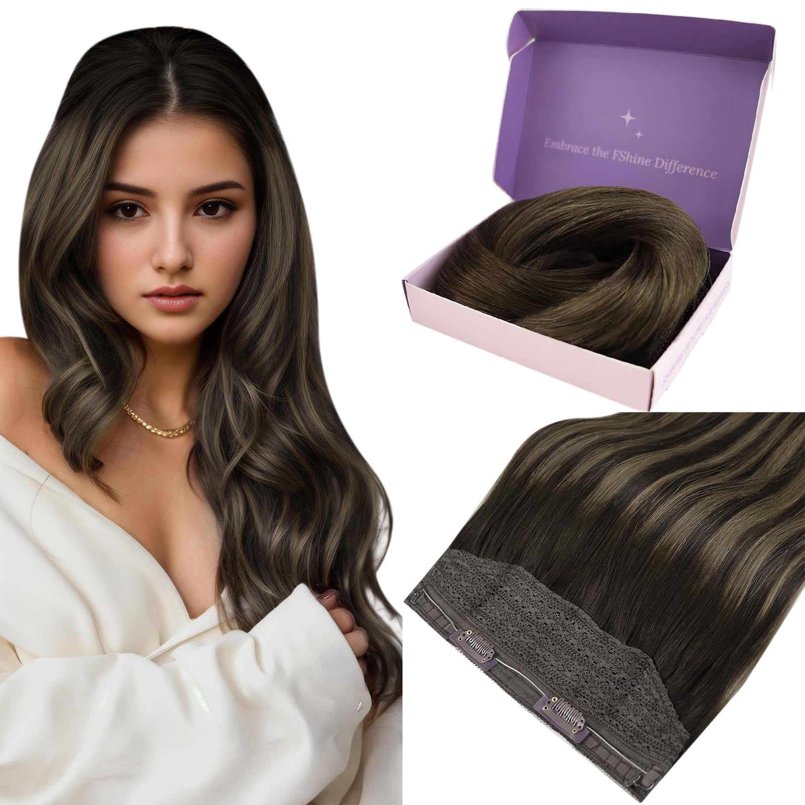 Fshine Wire Hair Extensions Real Hair Balayage 16 Inch 80 Gram Fish Wire Extensions Human Hair Dark Brown Fading to Chestnut Brown Fading to Dark Brown Secret Hair Extensions Fish Line Hair โ image 1