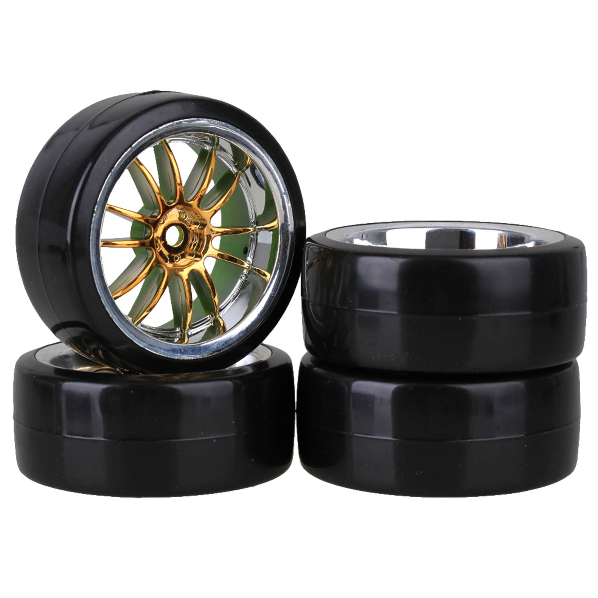 Mxfans 4PCS RC1/10 On Road Car Drift Smooth Wheel Tires & Plastic Plating Golden 12-Spoke Wheel Rims