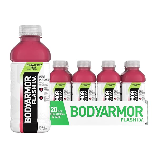 BODYARMOR FLASH I.V. ELECTROLYTE BEVERAGE, STRAWBERRY KIWI, HYDRATION DRINK WITH COCONUT WATER FOR RAPID REHYDRATION, POST WORKOUT RECOVERY, 20 FL OZ (PACK OF 12)