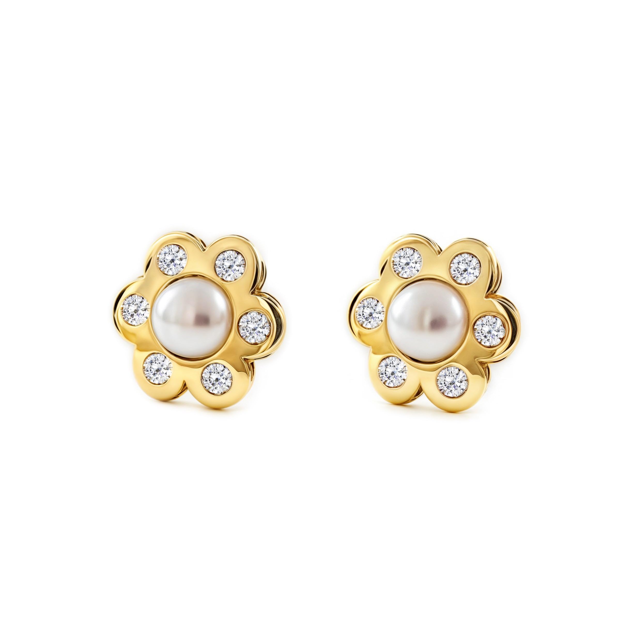 9ct Yellow Gold flower pearl Children's Earrings