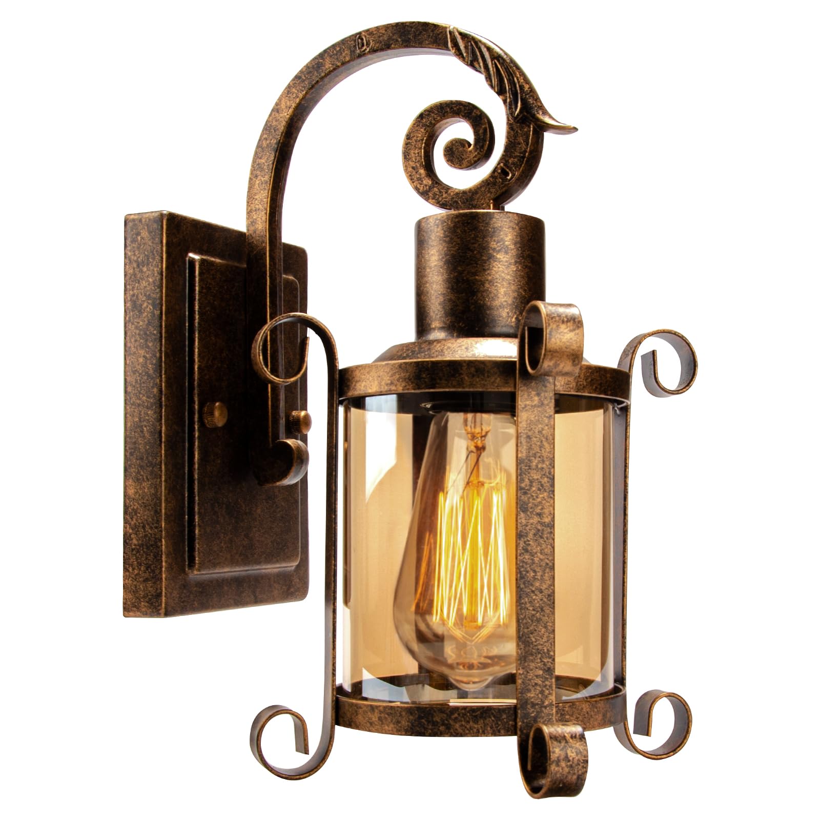 Plfann Rustic Interior Amber Glass Wall Sconce 1-Pack, Bronze Brushed, Vintage Lamp Porch Lighting Waterproof Retro Lamp for Indoor Bedroom Living Room Outdoor（NO Bulb）