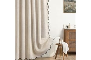 XOGUIBO Linen Shower Curtain Beige Cute Black Scalloped Boho Modern Shower Curtains for Bathroom Set, 72" W x 72" L