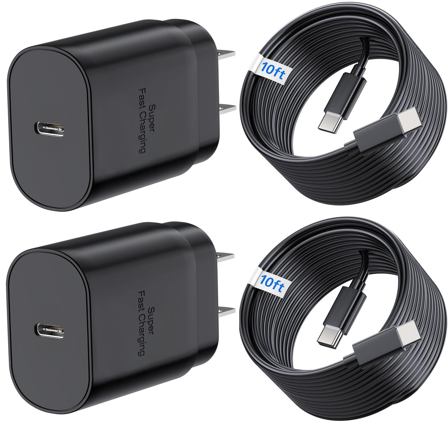 TT&C 2-Pack 25W USB C Fast Charger with 10FT Extra Long Cable (Black)