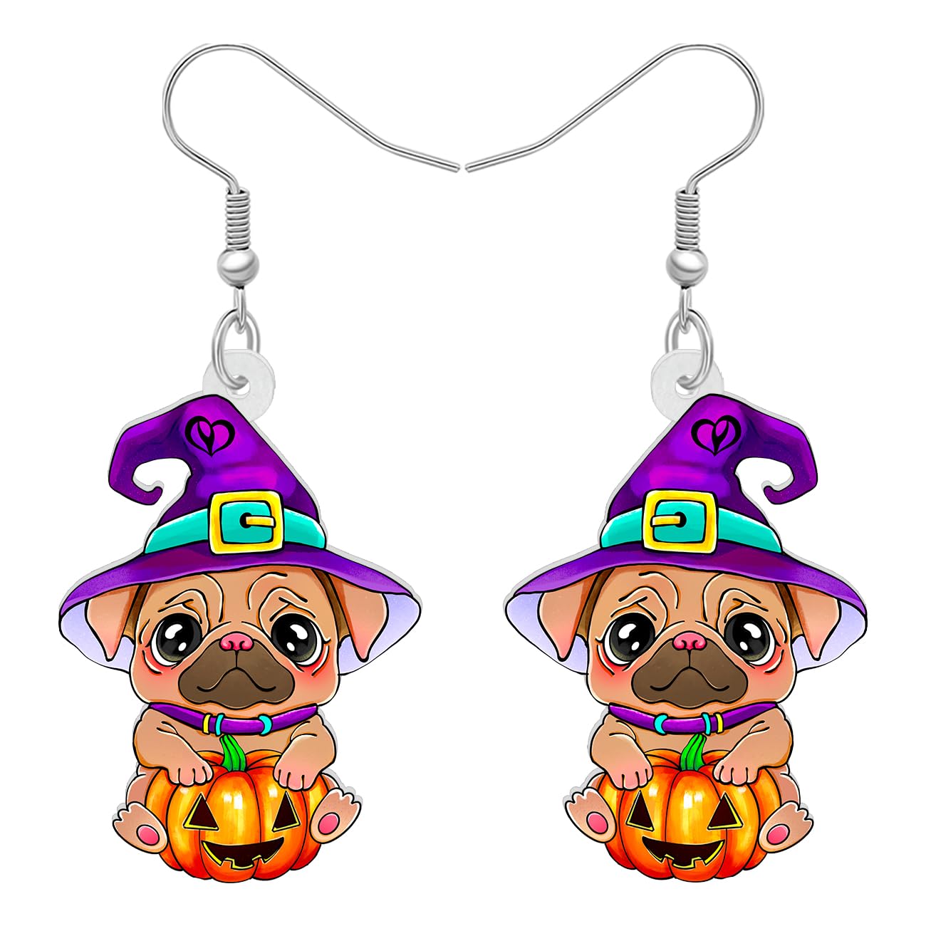 SHIGIE Halloween Acrylic Adorable Witch Hat Pug Dog Earrings Pumpkin Pets Animals Dangle Festival Gifts For Women Puppy Lovers (Multi)