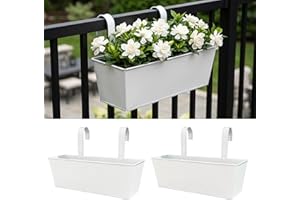 LaLaGreen Rail Planters (16 Inch, 2 Pack) White Metal Rectangle Plants Boxes Hanging Flower Pots Outdoor Planter Patio Decor 