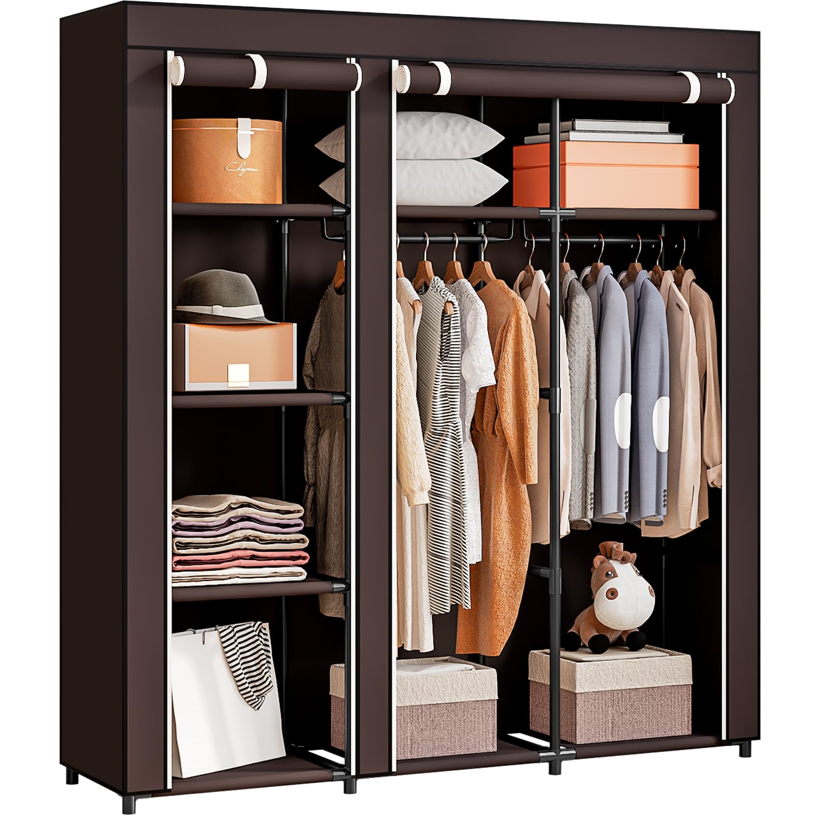 Photo 1 of SORCEDAS Portable Wardrobe Closet Storage Organizer Metal Hanging Rack Non-Woven Fabric (Coffee, 51 Inch)