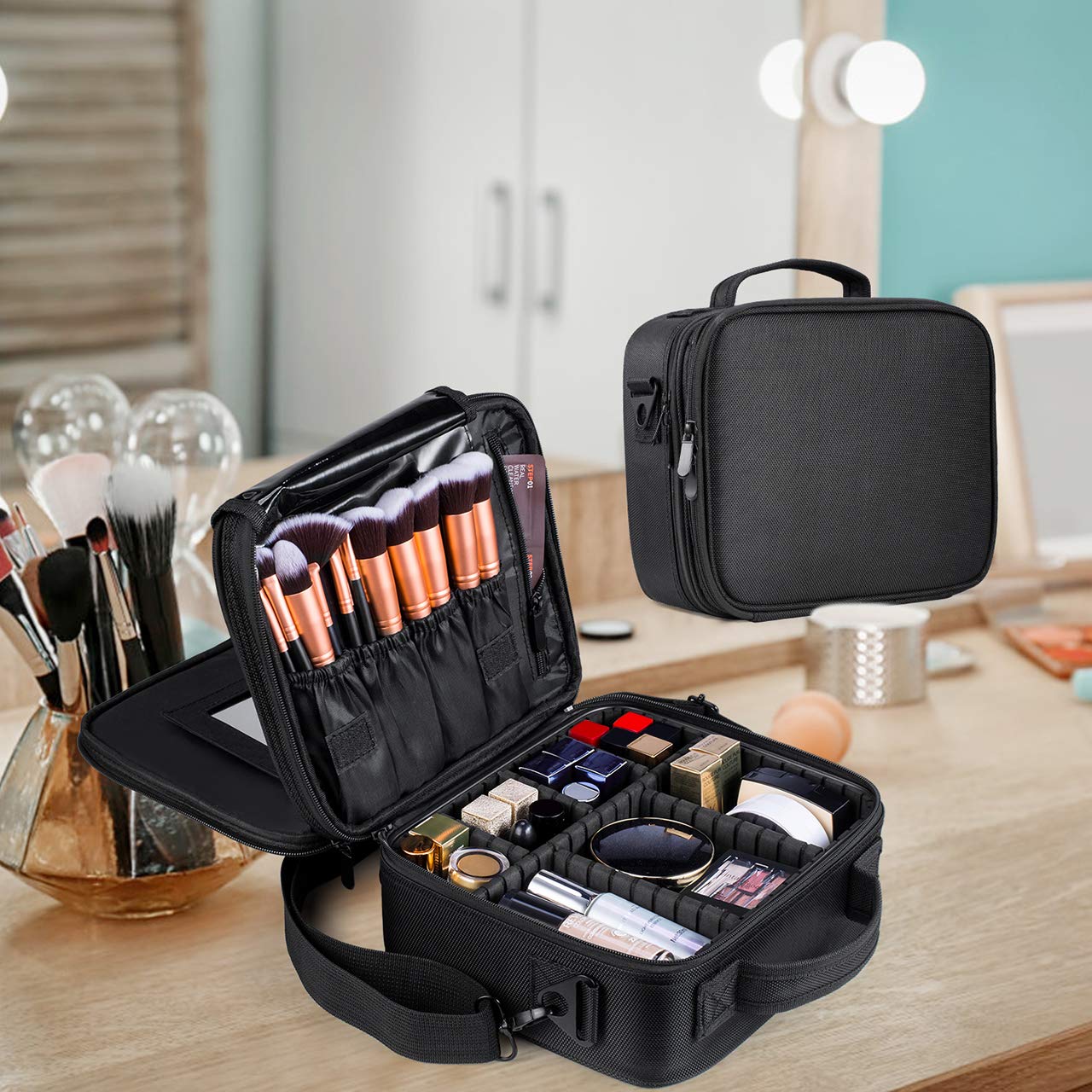 Kootek 2-Layers Travel Makeup Bag, Portable Train Cosmetic Case Organizer with Mirror Shoulder Strap Adjustable Dividers for Cosmetics Makeup Brushes Toiletry Jewelry Digital Accessories