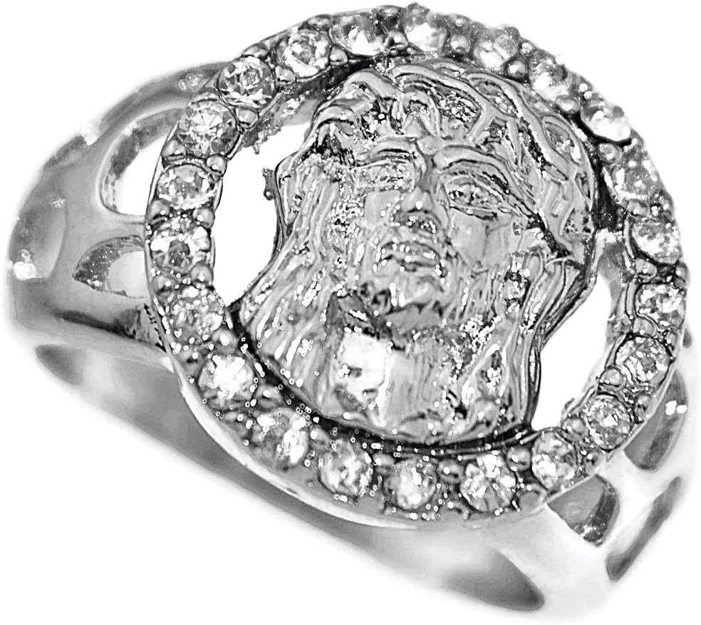 Jesus Head Face Ring Silver Tone Iced Big Round Circle Bling Mens Heavy Hip Hop Ring