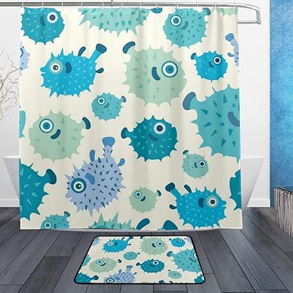 Amazon Com Iceluckyu Puffer Blue Fish Bath Mat Shower Curtain Set