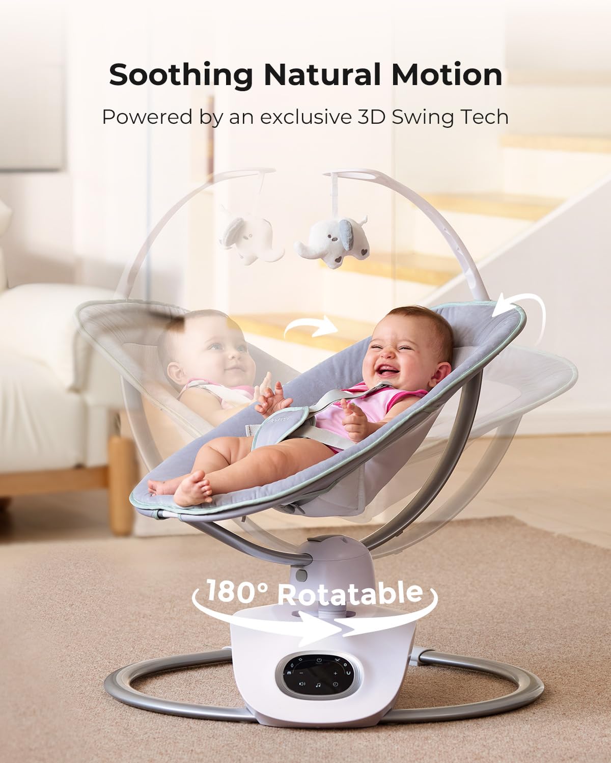 Momcozy CocoSway 3D-Motion Baby Swing for Infants to Toddlers, 6 Motion Modes & 4 Speeds, 180° Rotating Seat, Remote Control, Reclining Seat with 5-Point Harness, 8 Preset Lullabies, Grey