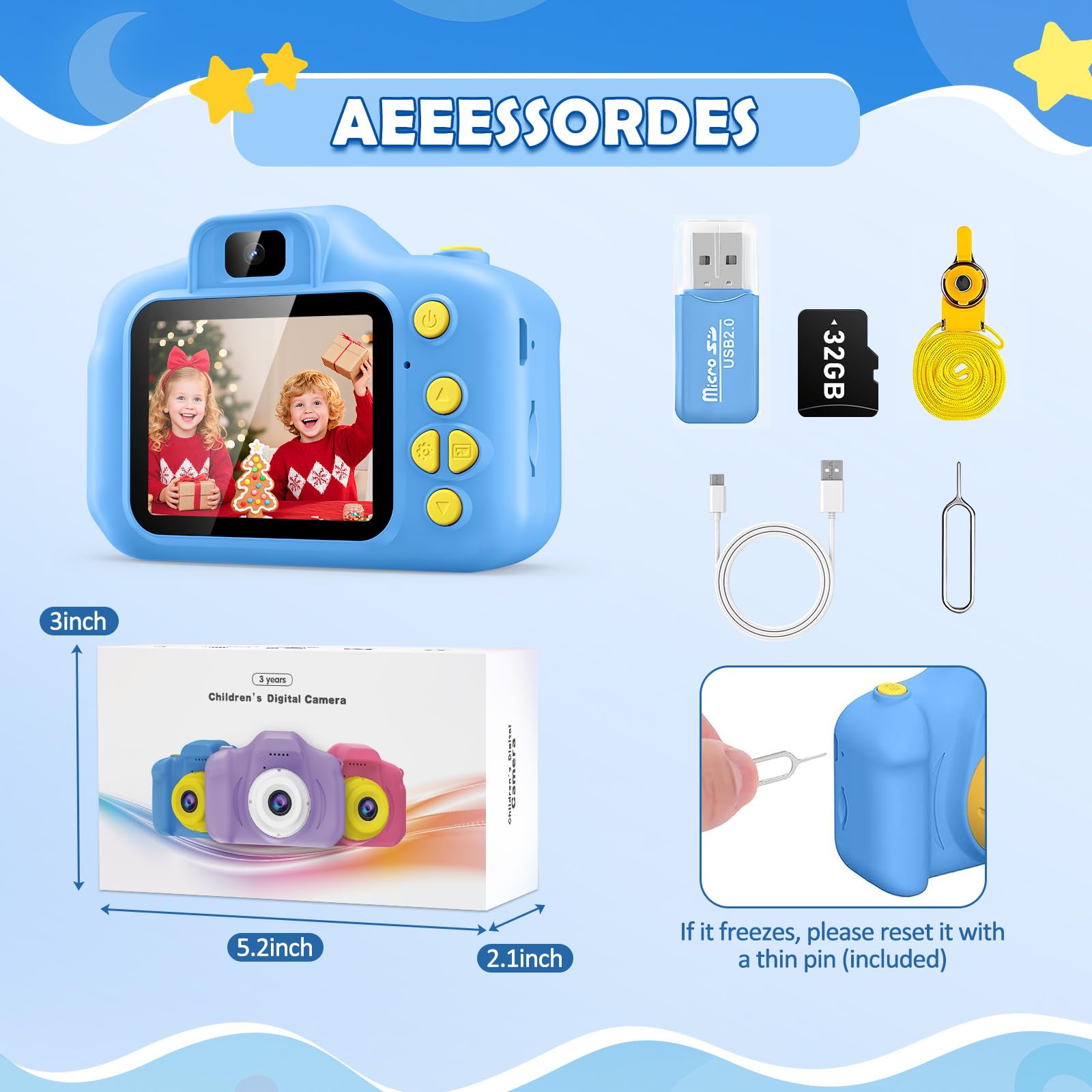 Desuccus Kids Camera Toys Christmas Birthday Gifts for Boys and Girls Kids Toys 3 4 5 6 7 8 9 Year Old HD Digital Video Camera for Toddler with 32GB SD Card (Blue)