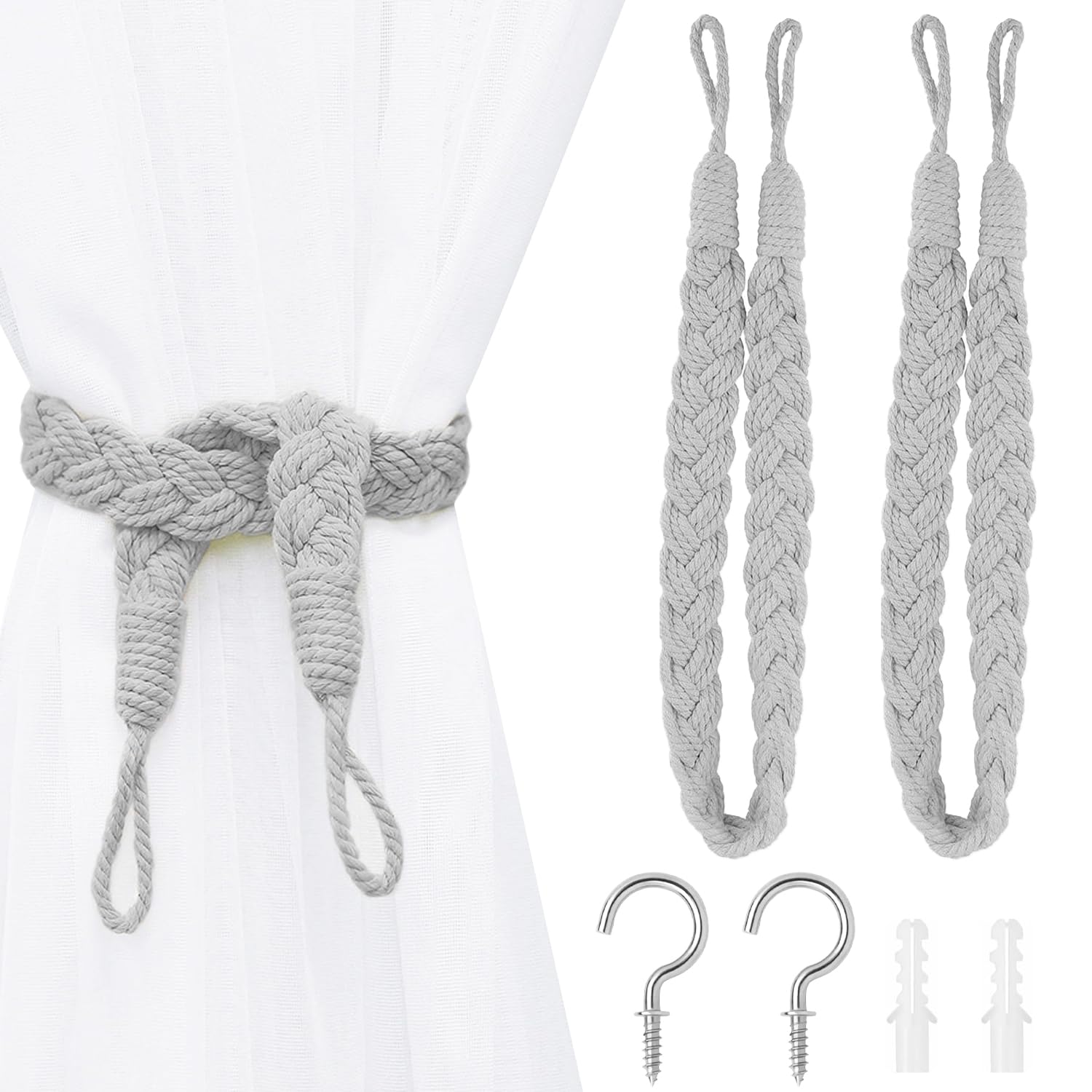 Curtain Tiebacks, 2 Pack Curtain Rope Buckle Elegant Boho Style Curtain Tiebacks Hand-Knitted Curtain Tie Backs with Metal Hook for Home, Office, Living Room, Bedroom (Grey)