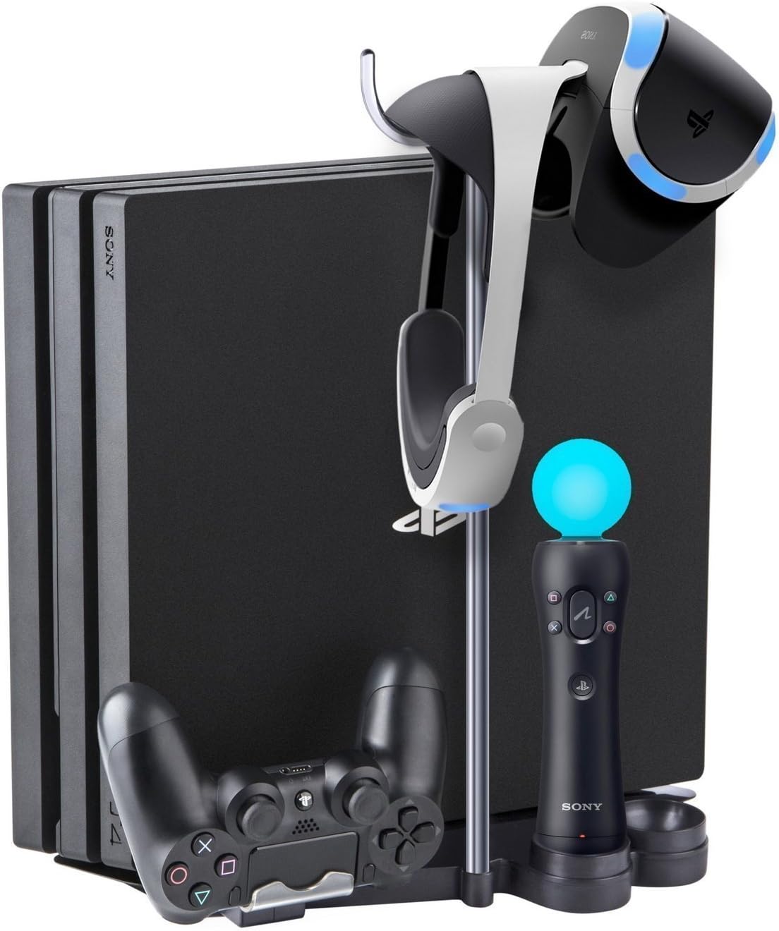 Megadream PS4 Vertical Stand for Sony PlayStation 4 PS4 / PS4 Slim /PS4 Pro Controller Charger & Dual PS Move Motion Controller Charger & Sony VR Headset Helmet Hanging Holder Base