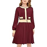 Cubear Girls Sweater Dress with Pockets, Crewneck Lantern Sleeve A-Line Striped Knit Warm Fall Winter Dress 5-14Y