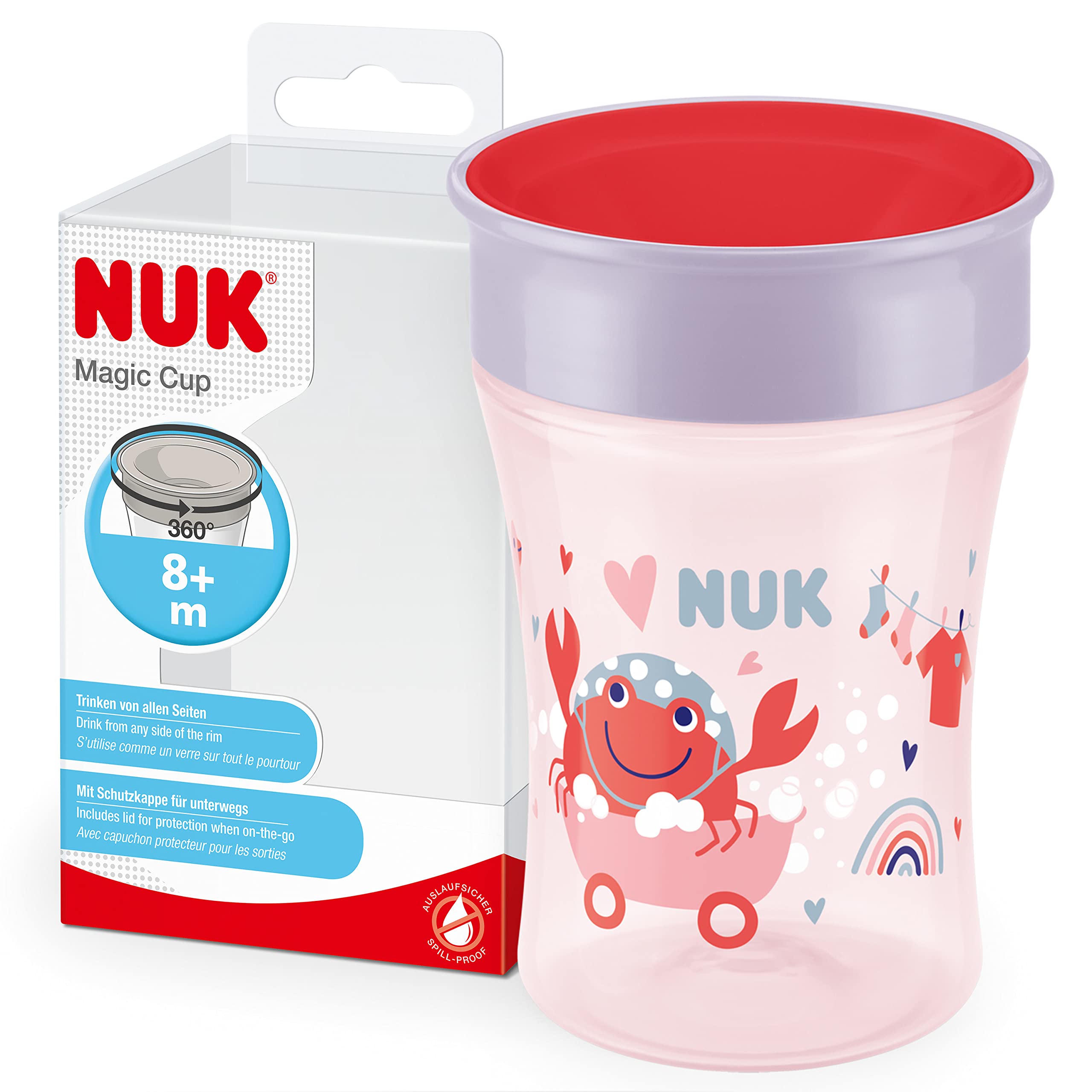 NUK Magic Cup Sippy Cup | 360° Anti-Spill Rim | 8+ Months | Leak-Proof & BPA-Free | 230 ml | Red Crab