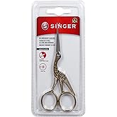 SINGER 4 Inch Forged Embroidery Scissors with Curved Tip for Sewing, Cross-Stiching, Crafts, &amp; More (Gold Stork Design, 1-Pack)