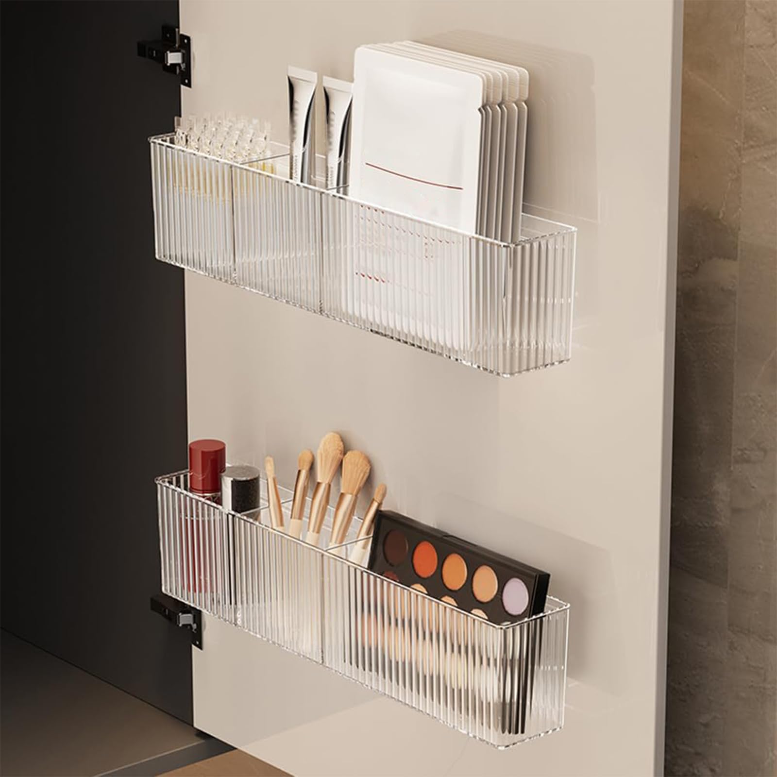 Photo 1 of 2 Pack Bathroom Makeup Organizer Wall Mount Clear Bathroom Organizers and Storage with 3 Compartments Plastic Storage Organizer Bins Floating Shelves for Wall, Narrow Space, Office, Bedroom 14''Length