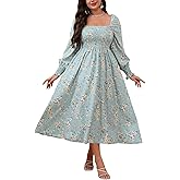Floerns Women's Plus Size Floral Maxi Dress Bishop Sleeve Square Neck Smock A Line Dress
