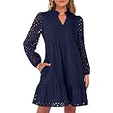 Caracilia Womens Dresses Long Sleeve V Neck Eyelet Hollow Out Fall Casual Flowy Swing Boho Tiered 2025 Mini Short Dress