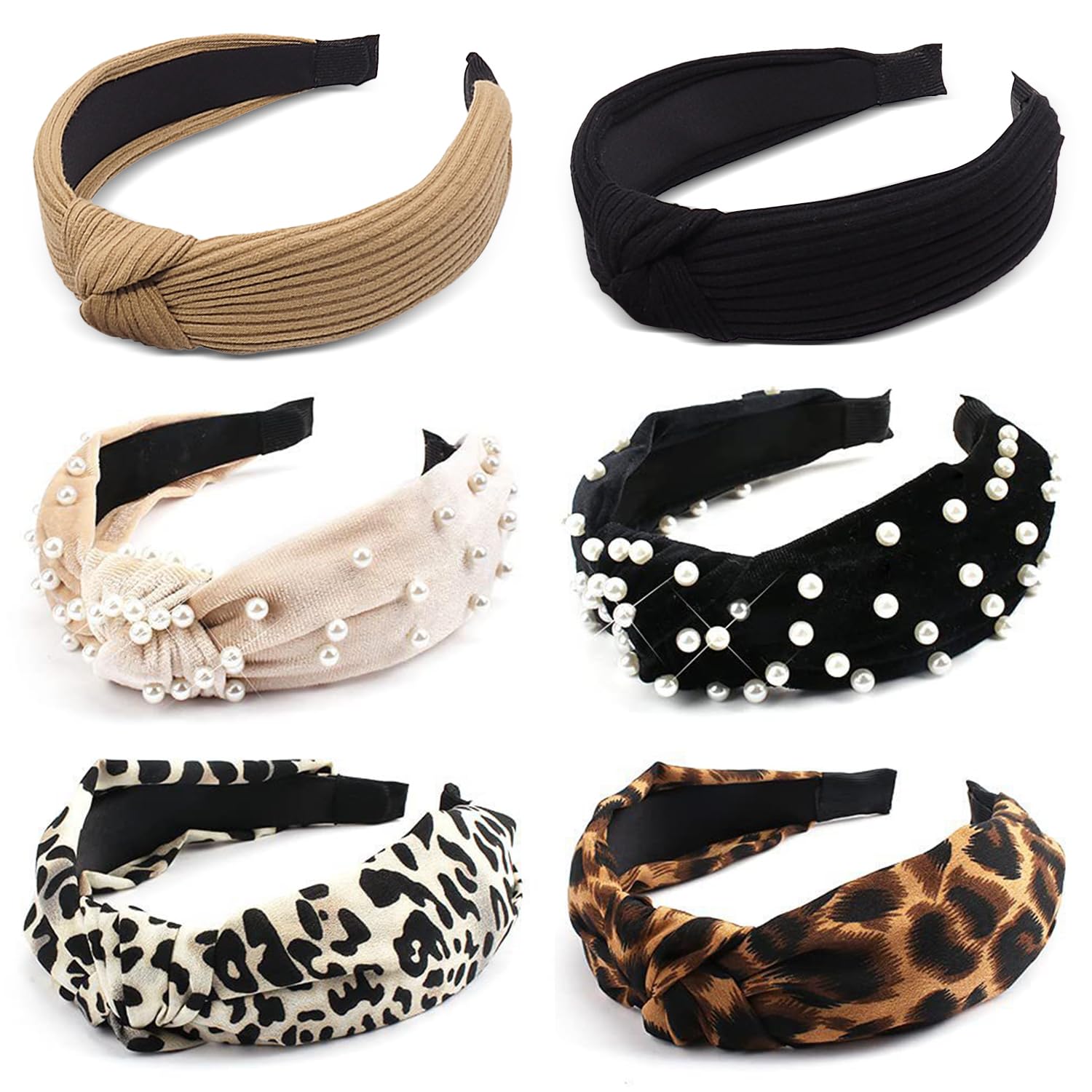 Pearl Leopard Knotted Elastic Headband - Twisted Headwrap Ear Wide Hair Hoops Accessories for Girls & Women - Cute Knot Head Band 6 Packs (A, One Size)