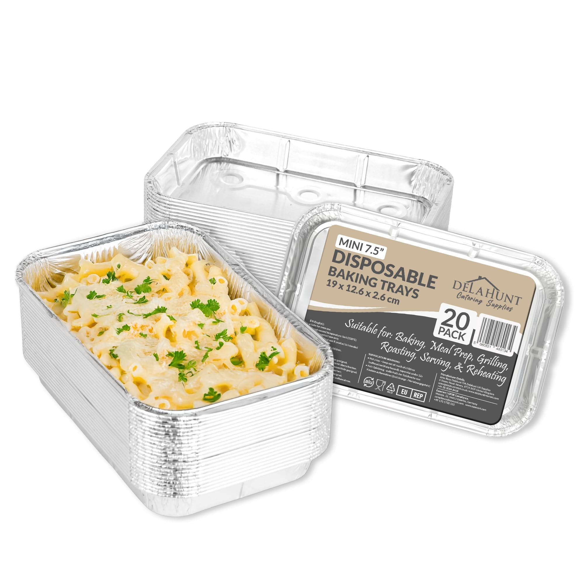 Small Disposable Aluminium Foil Trays [20 Pack] - UK-Made Mini 7.5-Inch Containers - Oven, Air Fryer, Microwave, Fridge & Freezer Safe - for Baking, Roasting, Meal Prep & Catering (19 x 12.6 x 2.6cm)
