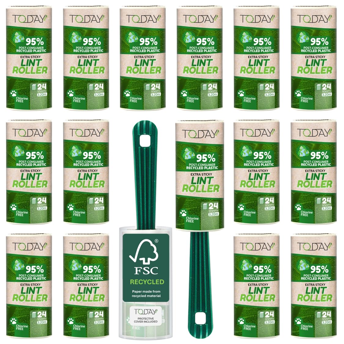 Today Eco - Lint Rollers 95% Recycled 16 Rolls + 2 Handles + Cover. Post-Consume Plastic Lint Remover for cat and Dog Hair, Extra Sticky pet Hair Remover