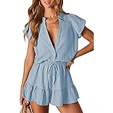 Fixmatti Summer Rompers for Women 2026 V Neck Short Sleeve Button Up Ruffle Jumpsuit Outfit with Pockets