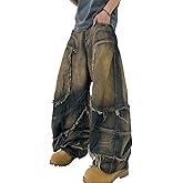 DFGIGT Men's Fringe Frayed Edges Hip Hop Baggy Jeans Wide Leg Jeans Vintage Loose Fit Denim Pants