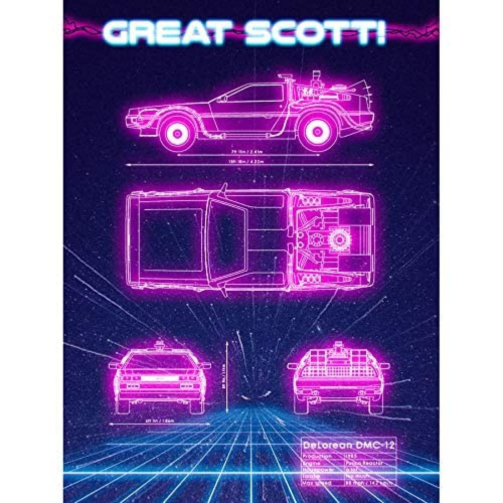 Artery8 80s Synthwave Blueprint Sports Car Space Time Travel Art Print Canvas Premium Wall Decor Poster Mural