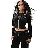 True Religion Velour Crystal Shrunken Women’s Zip Up Hoodie – Cropped Fit, Crystal Horseshoe Logo