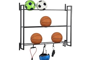 MyGift Deluxe Modern Matte Black Metal Wall Mounted Sports Ball Rack - Gym Exercise Equipment Storage Organizer Shelf Display